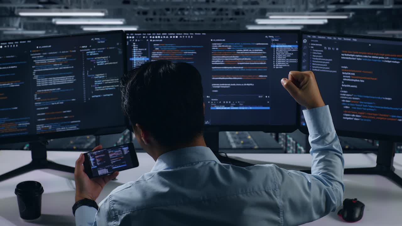 programador emocionado celebrando el éxito