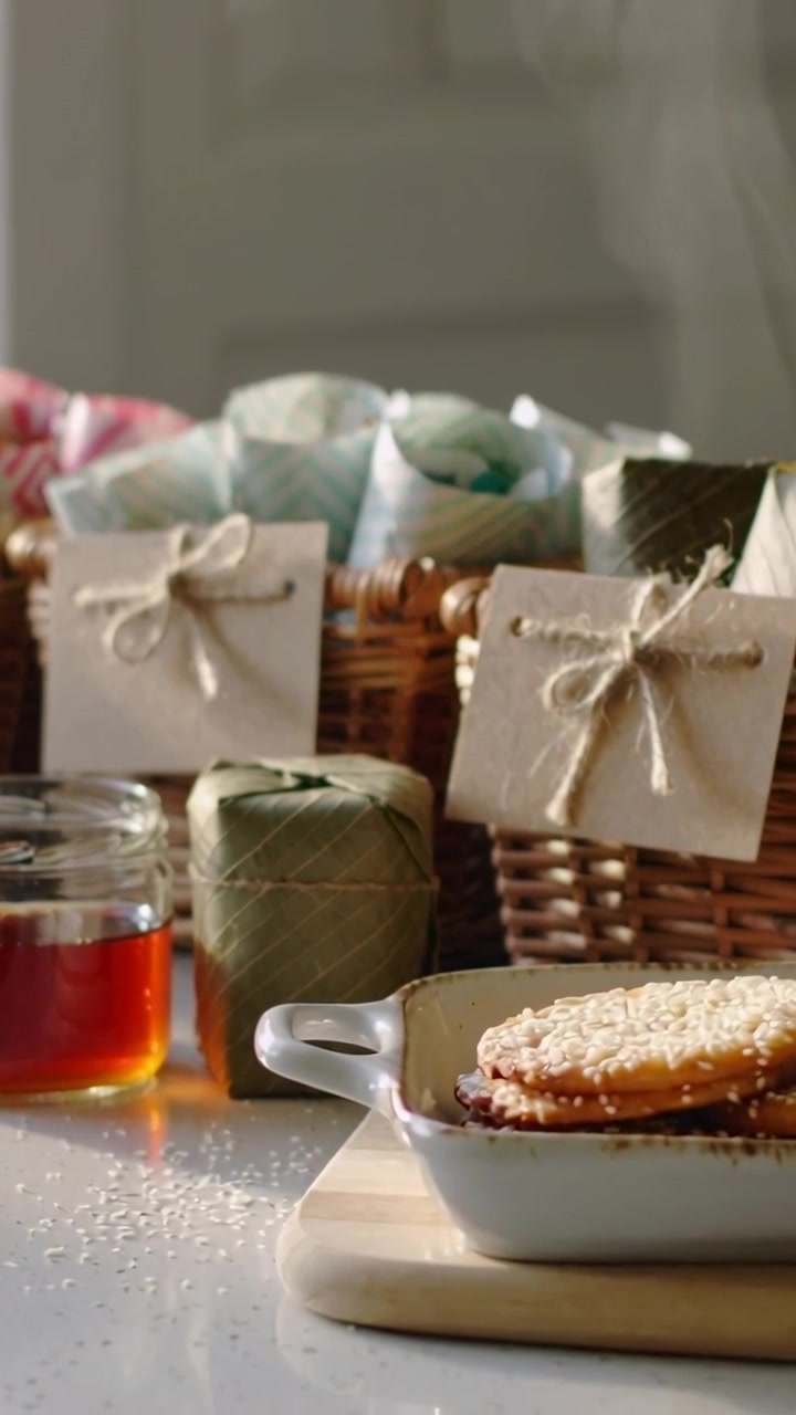 Vertical video: Camera panning, tabletop showcasing baskets, jars and steaming cookies in kitchen