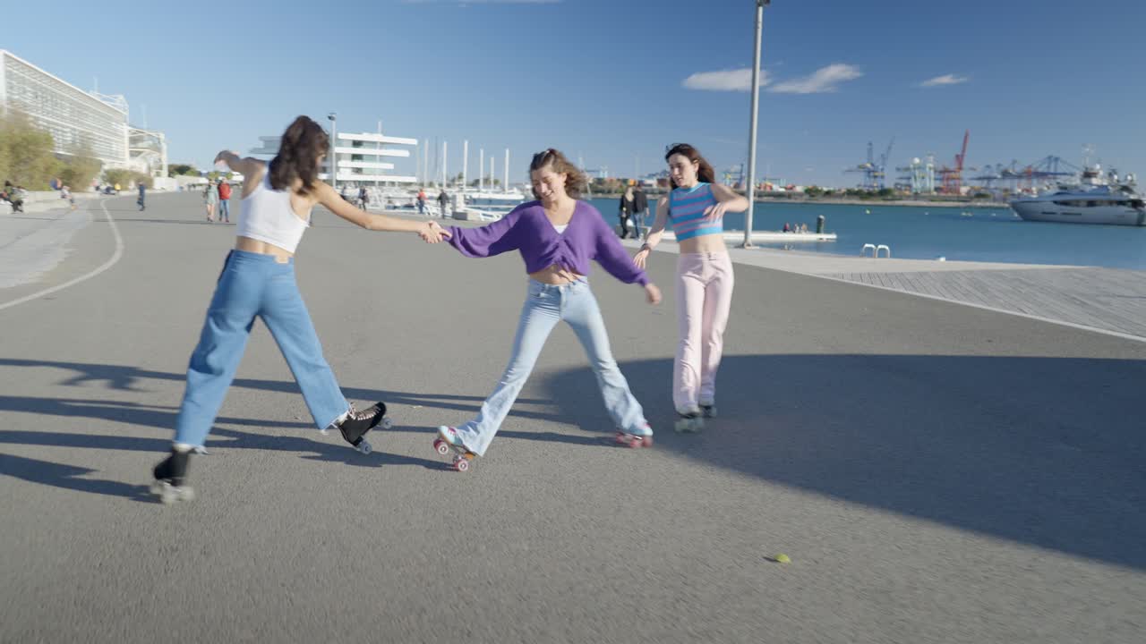 Friends Roller Skating at the Harbor