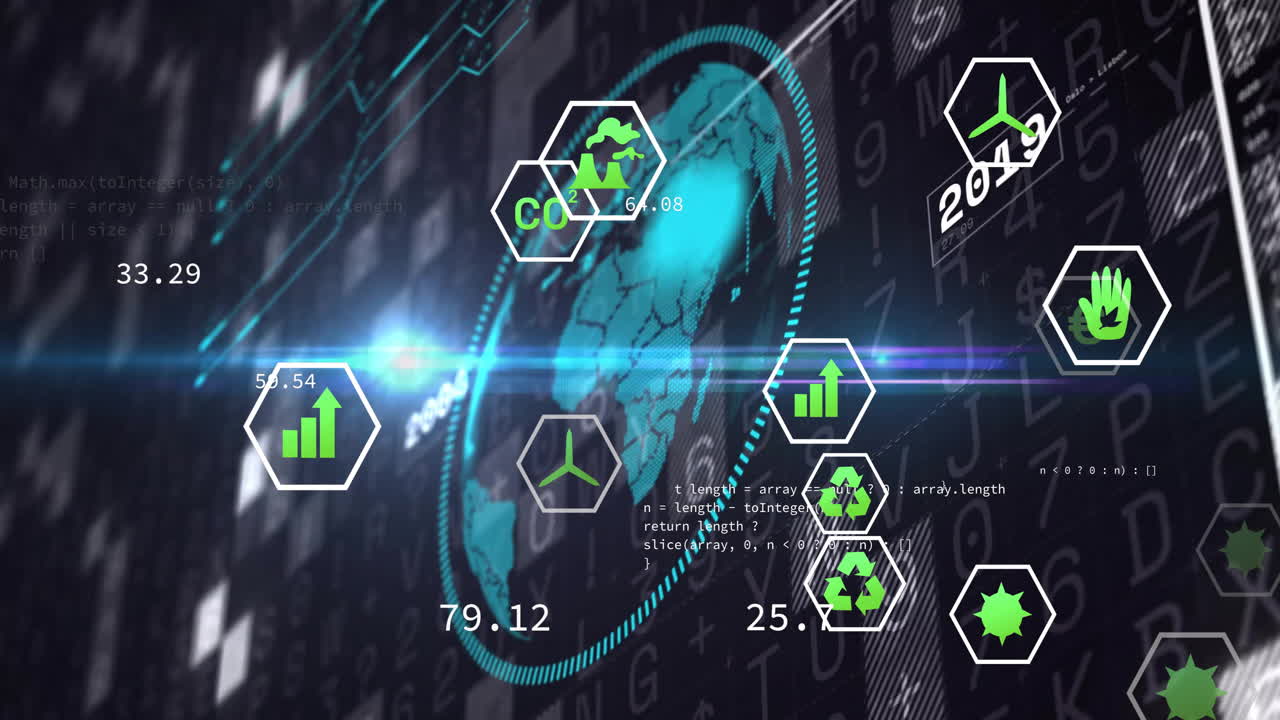 Animation of environmental icons overlaying globe with futuristic graphics in school