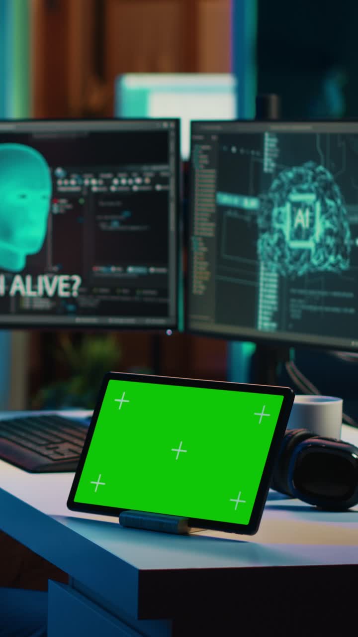 Tablet con green screen su scrivania in ufficio tecnologico moderno