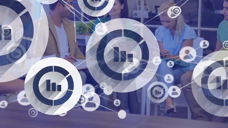 Animation of network of connections over diverse business people having meeting in office