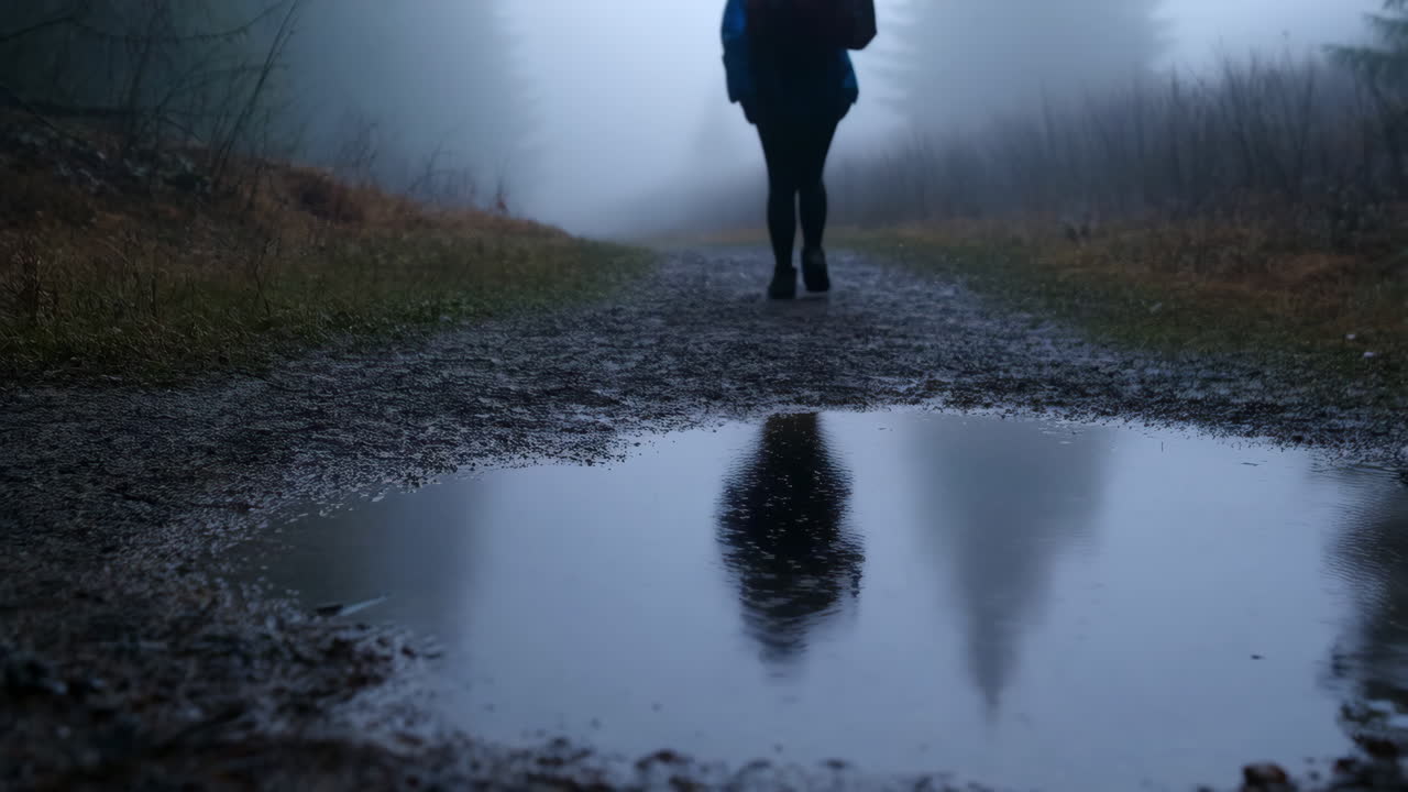 Person walking on a foggy forest path with puddle reflection