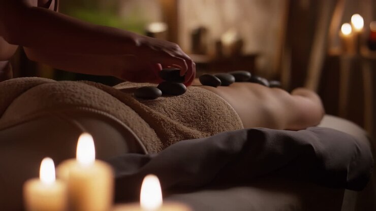 Afslappende hot stone massagebehandling i spa-omgivelser