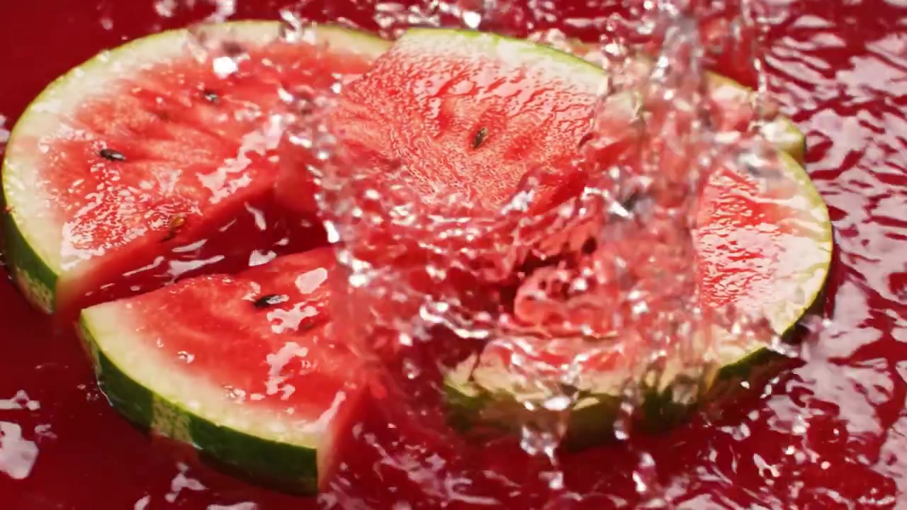 Fette di anguria rinfrescanti che gocciolano succo, circondate da una vivace pozza rossa, che evocano vibrazioni estive e delizie succose ad ogni morso.