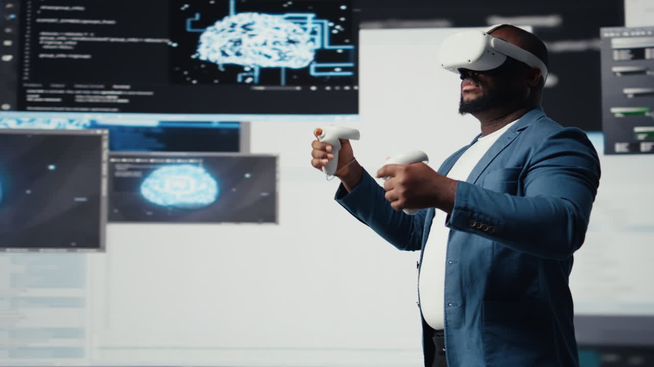 African american software developer uses virtual reality headset for coding