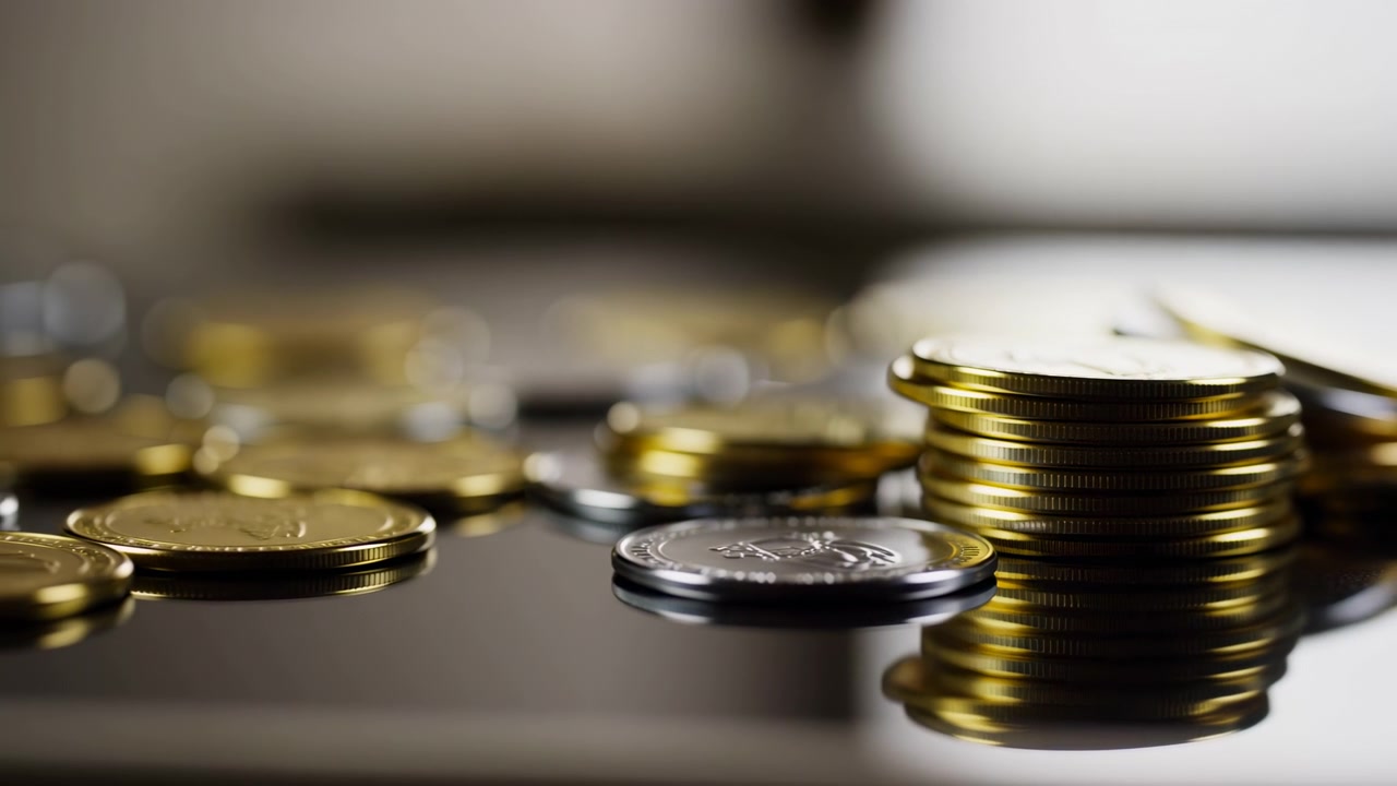 Closeup Stacked Gold Coins On Glass Warm Light Shallow Depth Of Field Blurred Background Mirror Reflection