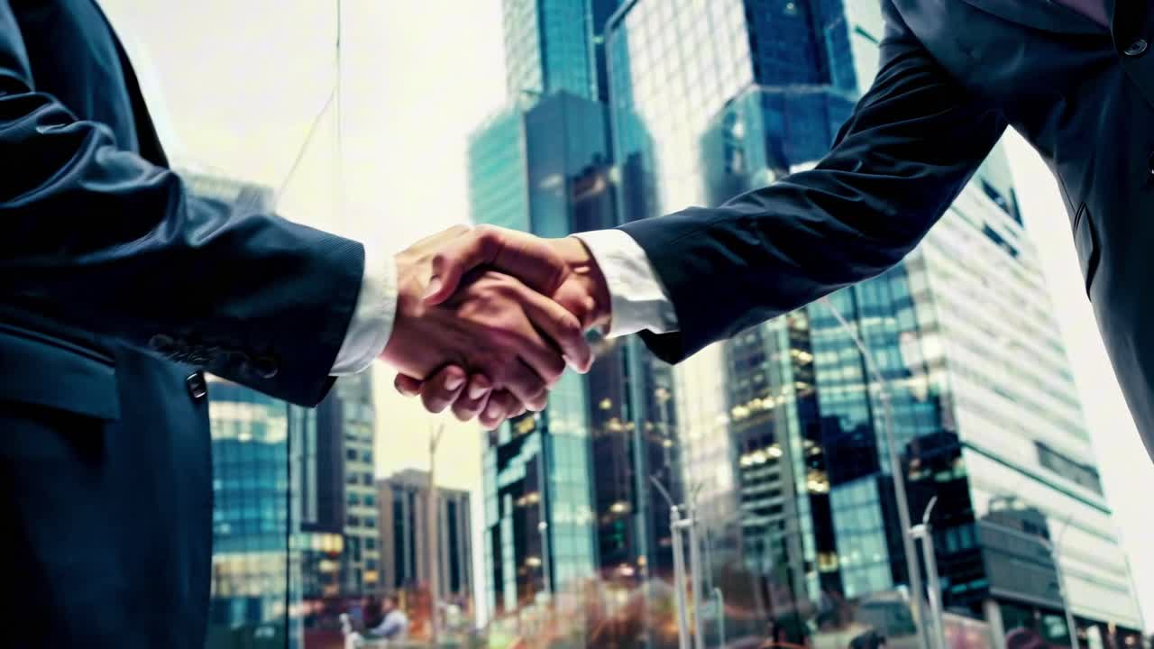 Stretta di mano d'affari con uno sfondo di paesaggio urbano, scattata da un'angolazione bassa
