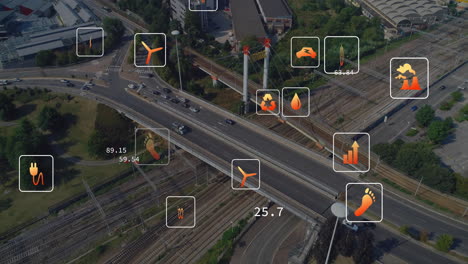 animation of eco icons and data processing over roads