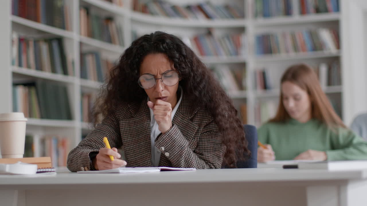 Student Coughing While Studying in Library