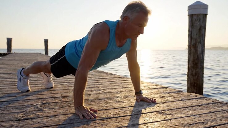 An Inspiring Moment at Sunset: A Senior Man Engaged in Push-Ups on a Scenic Dock Overlooking a Serene Body of Water, Emphasizing Fitness and Determination