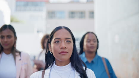 Walking,-face-and-business-women-at-the-office