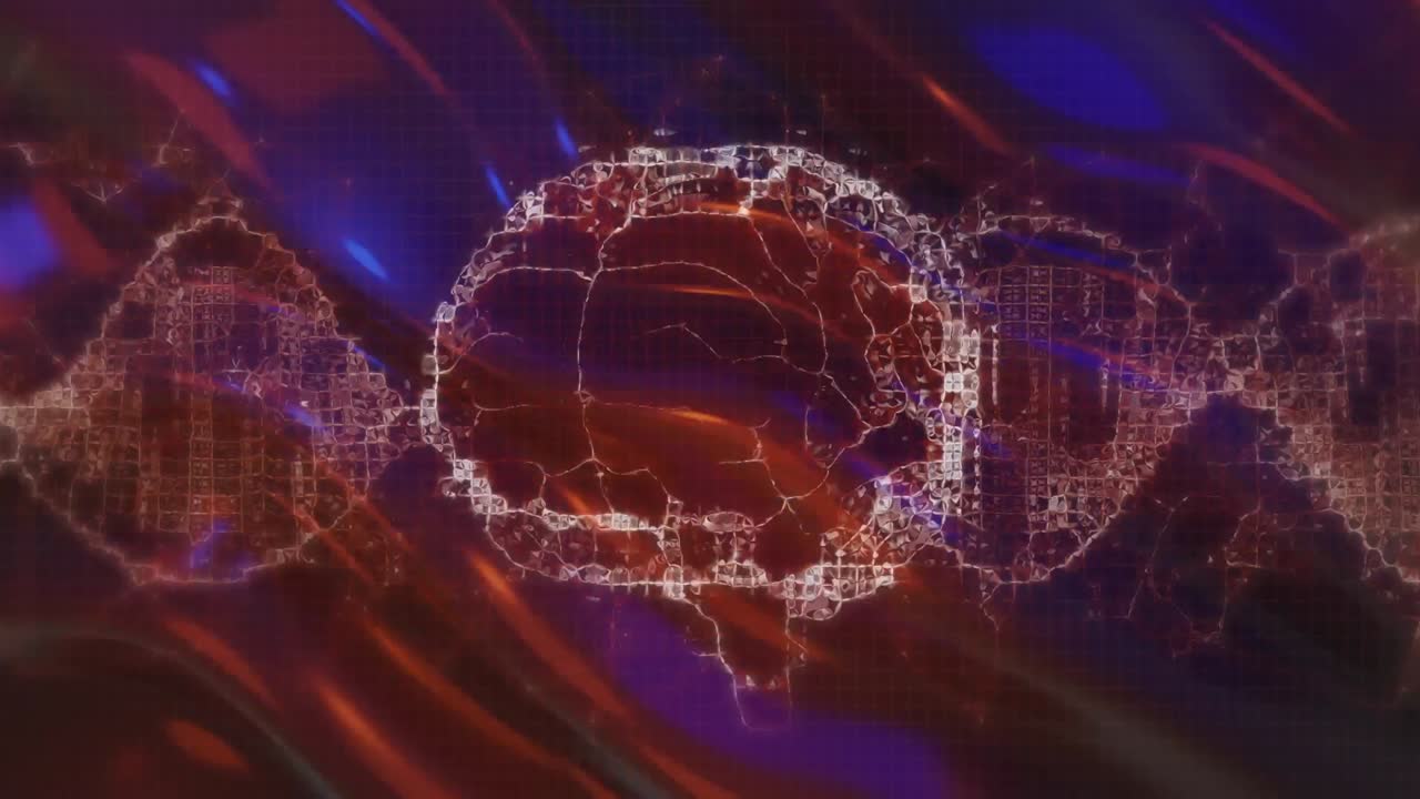 액체 배경 위에서 회전하는 인간 뇌와 dna 가닥의 애니메이션