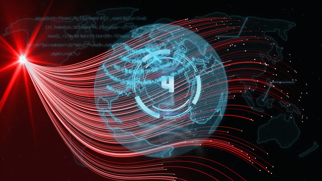 Animation of globe with countdown over data processing and network of connection