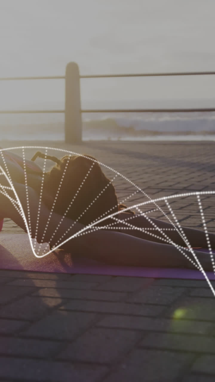 산책로에서 요가를 하는 아프리카계 미국인 건강한 여성에 대한 dna 구조