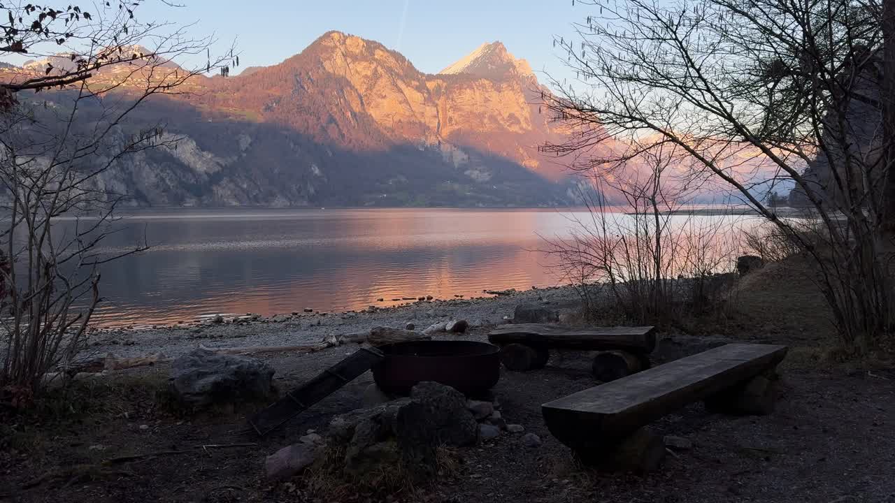 Lake Walen Walensee seating area view of sohre alpine scenery Swiss Alps
