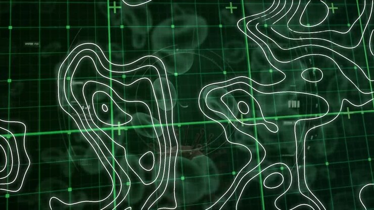Topography over grid network against covid-19 cell and blood vessels on green background