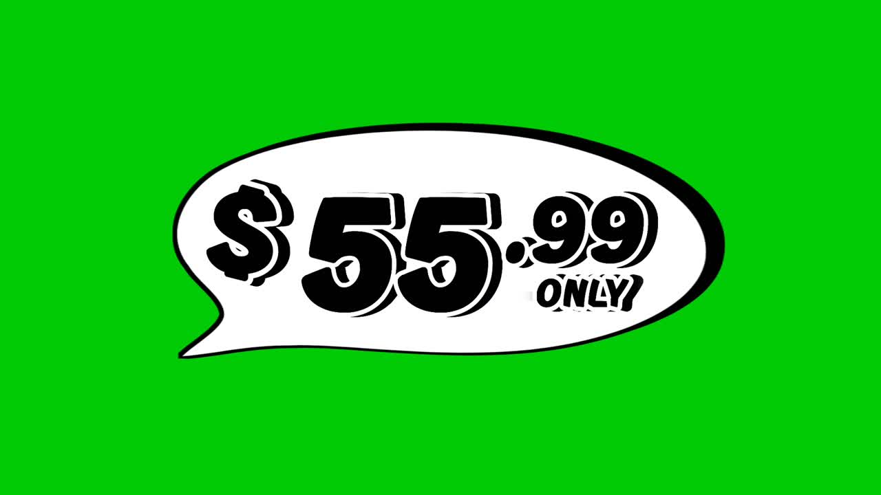 Animazione con cartellino del prezzo a 55,99 $ in grafica in movimento a forma di fumetto su sfondo verde. Perfetta per annunci, e-commerce, sconti e video promozionali per il business.