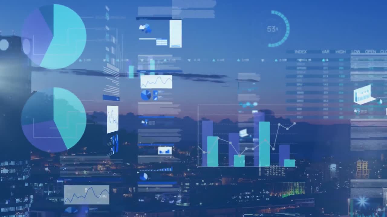 Animation of data processing in a city background
