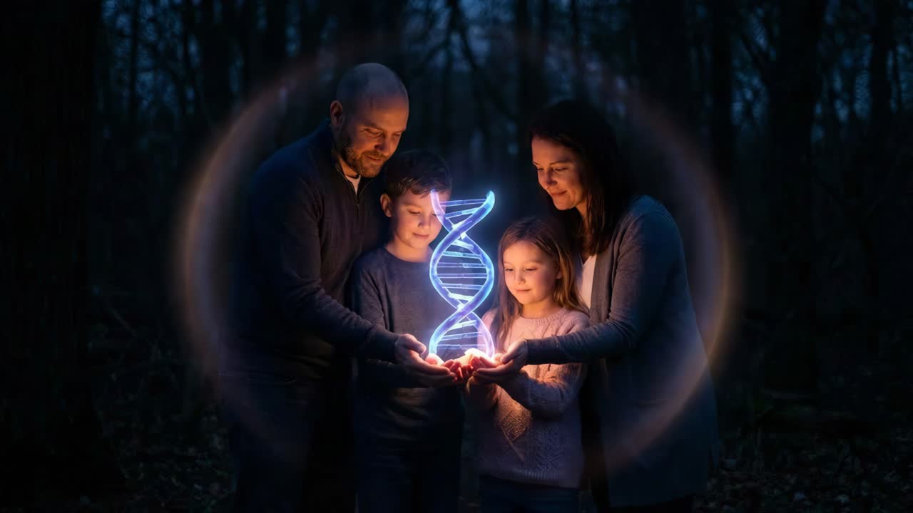 En familie, der holder en glødende DNA-streng