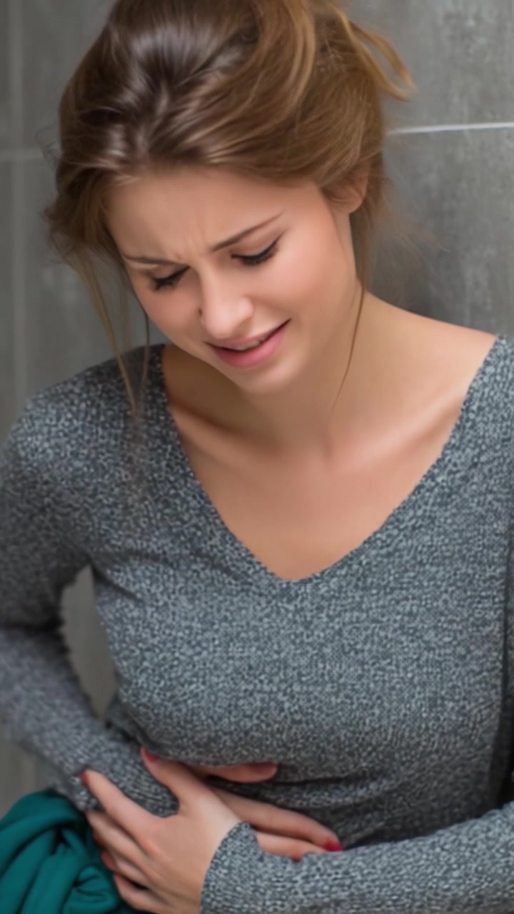 Donna in Maglione Grigio Mostra Segni di Disagio, Stringendosi lo Stomaco in un Momento di Angoscia e Malessere Contro uno Sfondo di Parete Grigia