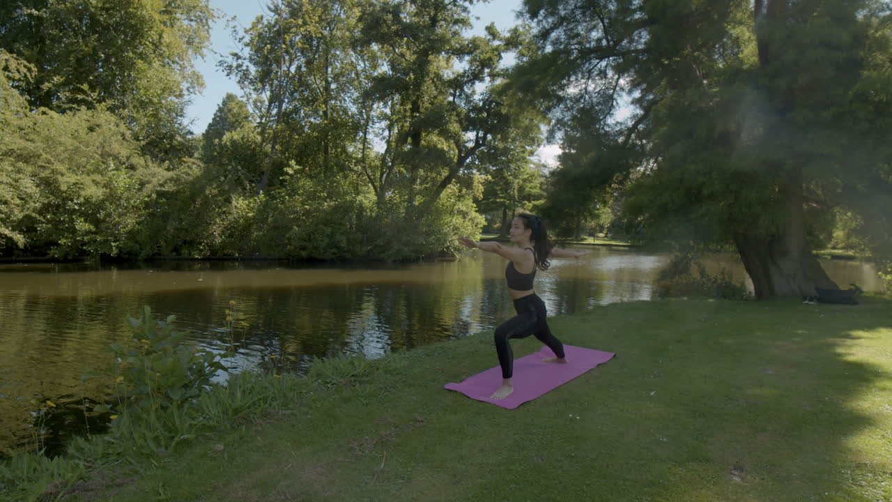 mujer joven haciendo una serie de ejercicios de yoga en un hermoso parque