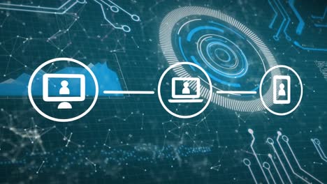 Animation-of-network-of-digital-icons-over-round-scanner-and-microprocessor-connections