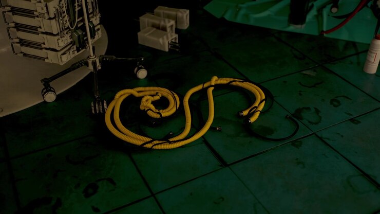 Coiled yellow cables on a green floor in a high tech environment