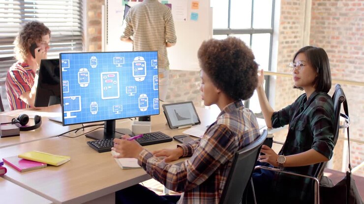 Diverse businesswomen using computer with data processing on screen in office