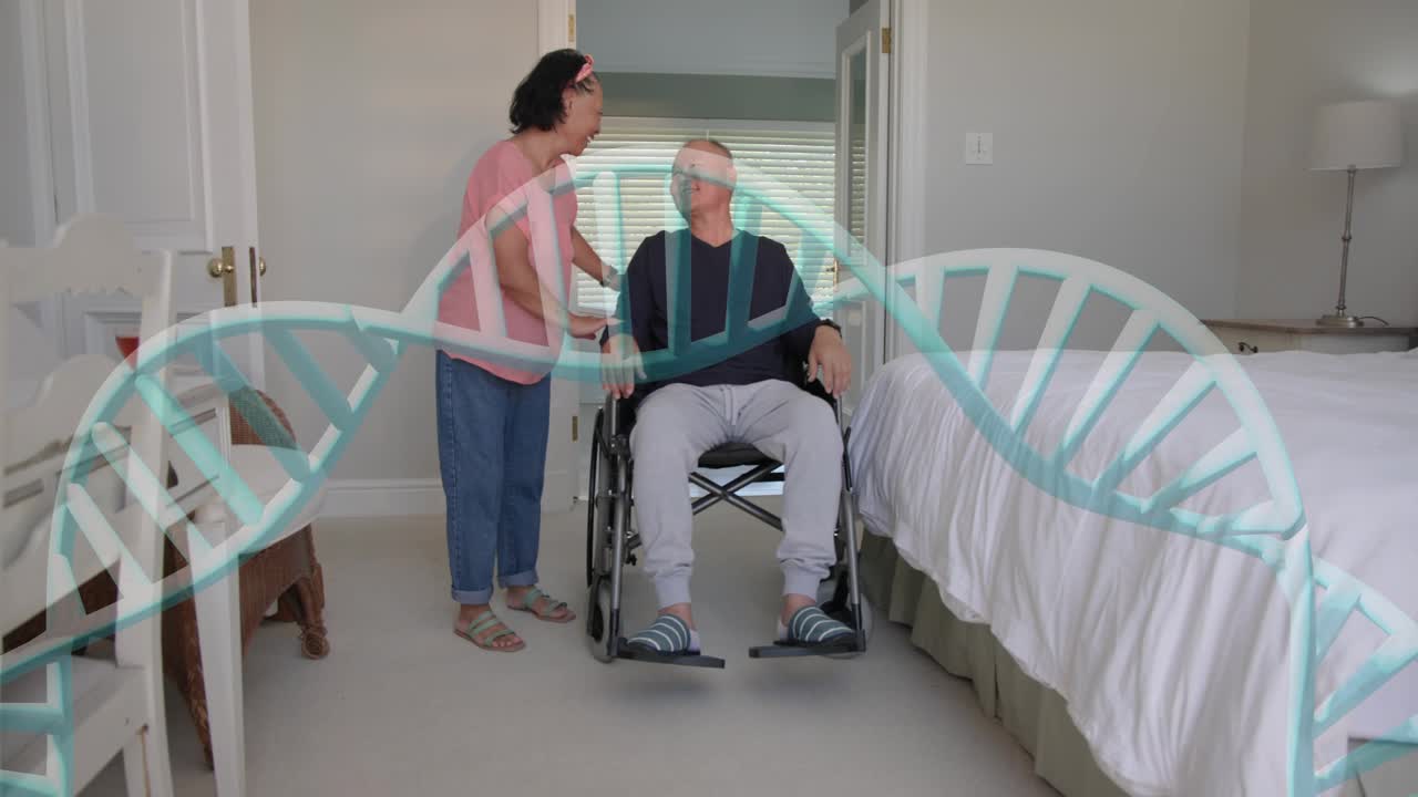 Care aid entering doorway pushing wheelchair with man into bedroom checking head DNA helix hovering
