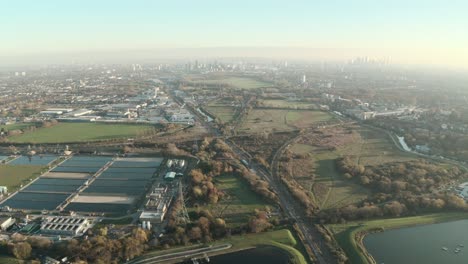 dolly forward drone shot of lea valley walthamstow marshes london