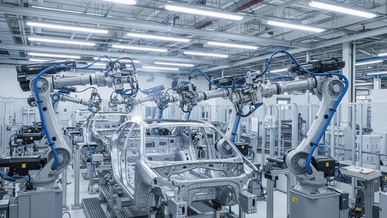 Advanced Robotics in Automotive Manufacturing: Showcasing Precision Engineering and Automation with Robotic Arms in a High-Tech Car Production Facility