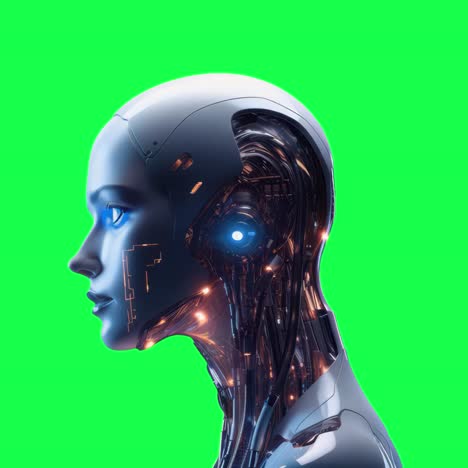 Futuristic AI robot profile view animation, transparent 4K video, green screen