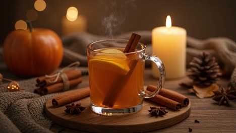 a cozy autumn drink: steaming mug of spiced beverage with cinnamon, orange slice, and autumn décor, featuring candlelight and warm textures for a tranquil atmosphere