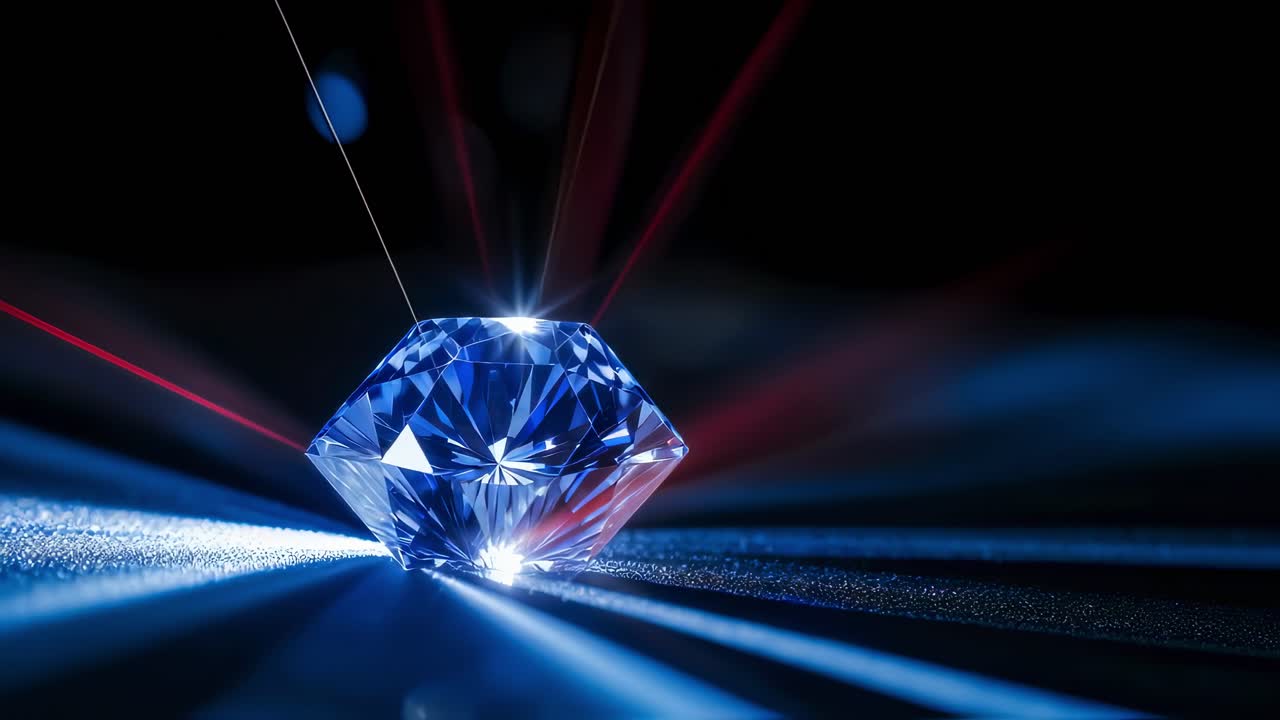 Polished blue diamond shining with light beams on a dark background, creating a luxurious and elegant atmosphere, ideal for jewelry or luxury advertising