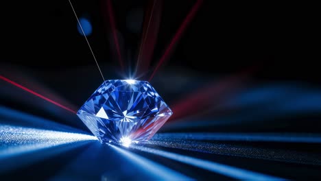 polished blue diamond shining with light beams on a dark background, creating a luxurious and elegant atmosphere, ideal for jewelry or luxury advertising
