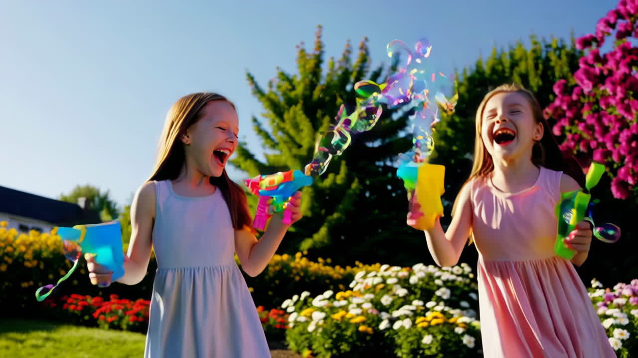 Two happy girls playing with bubble guns in a vibrant garden