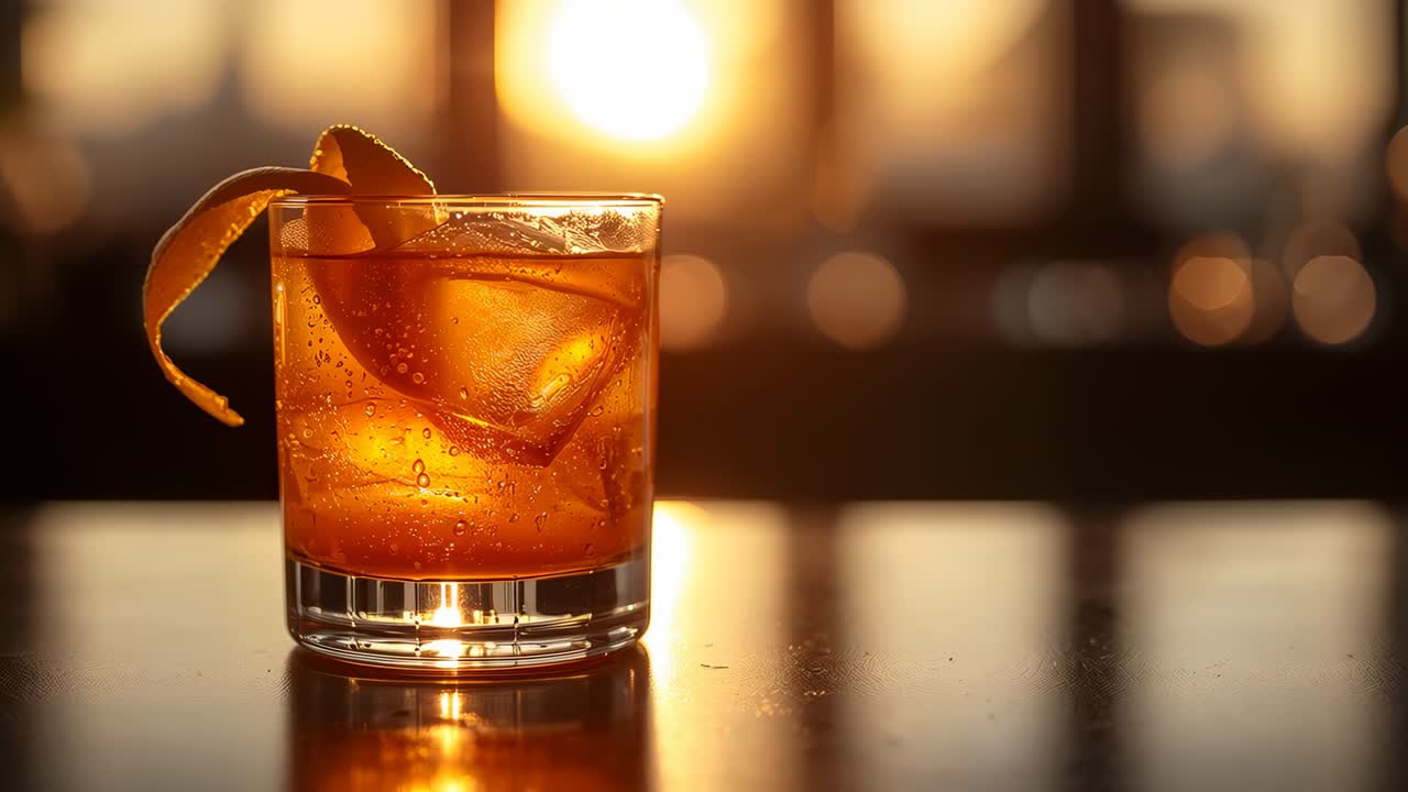 Glowing backlight causing bubbles rising in short glass on bar, clear cube amber drink, orange peel