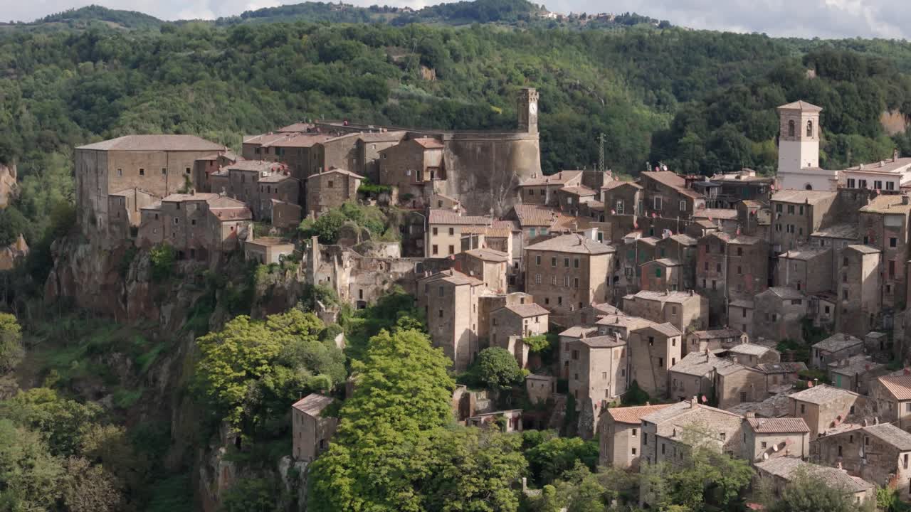 Sorano Italy, aerial view summer, drone crane shot