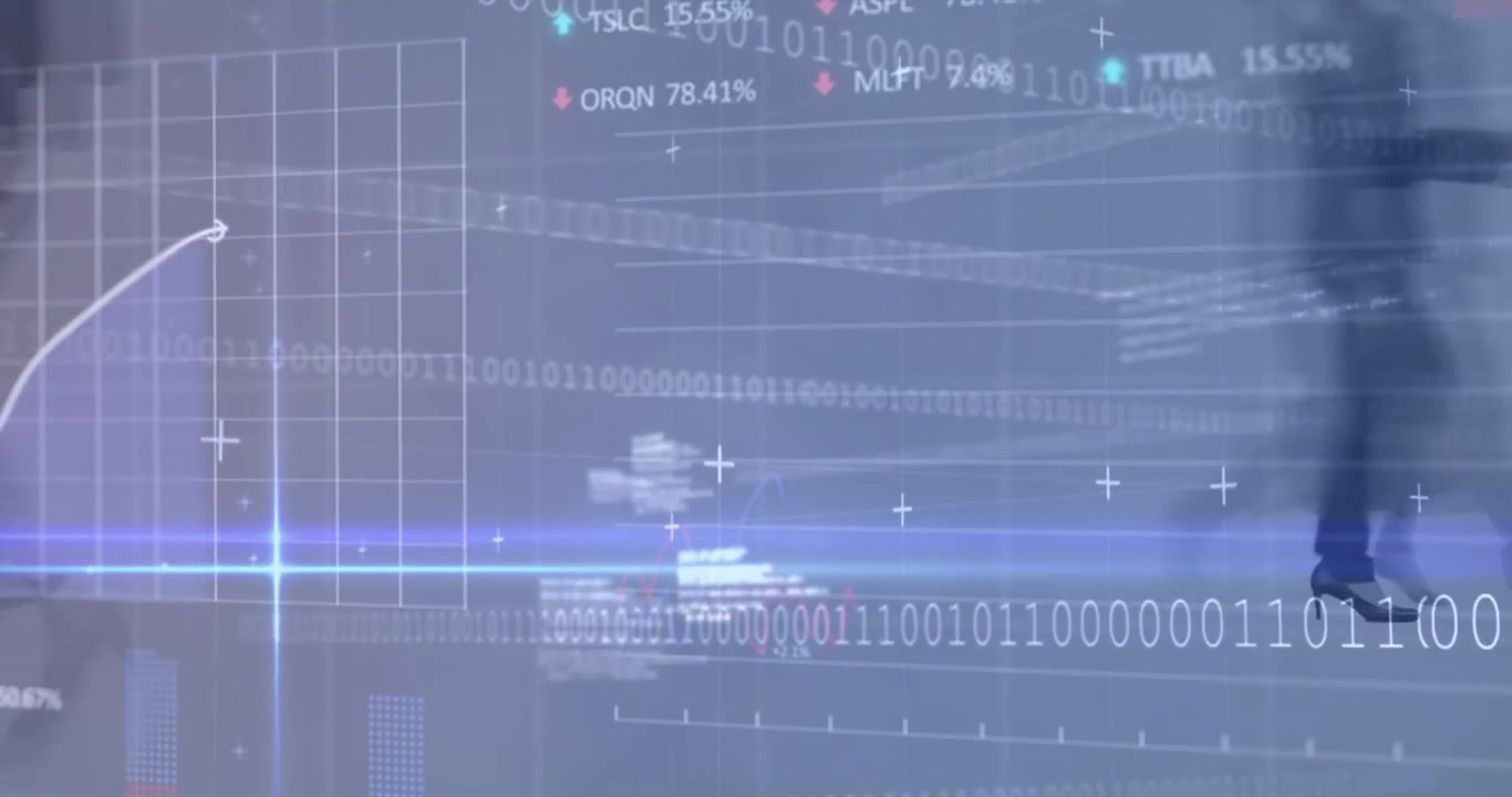 Animation of financial data over timelapse of diverse businesspeople walking and data processing
