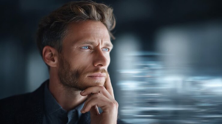 A contemplative man gazes thoughtfully into the distance, lost in deep reflection as he considers the complexities of life amidst a blurred backdrop