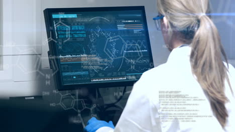 animation of scientific data processing over caucasian female scientist using computer in laboratory