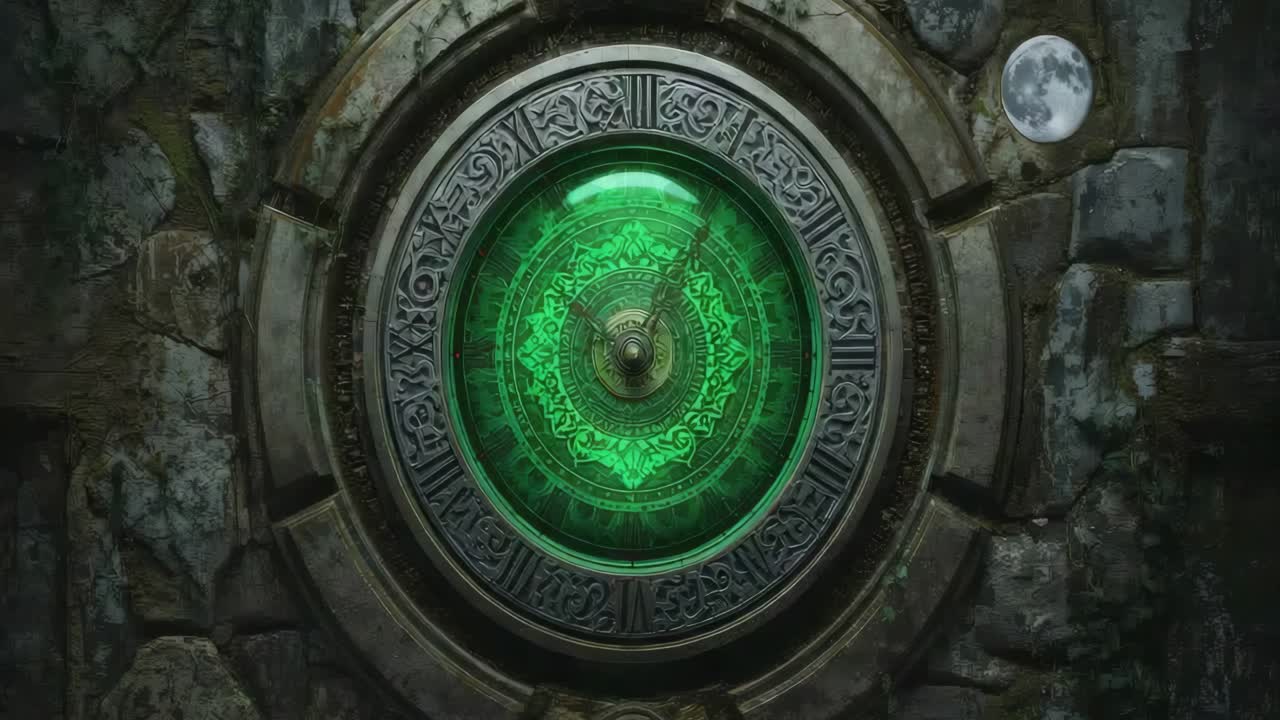 A Glowing Green Portal with a Moon