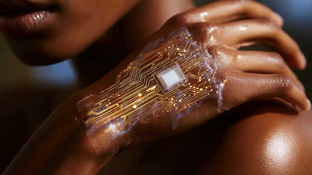 A captivating close-up of a hand adorned with a futuristic circuit design, showcasing intricate gold wiring patterns and a microchip, blending technology seamlessly with human skin