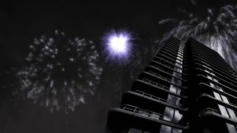 Animation-of-modern-tower-block-with-white-christmas-and-new-year-fireworks-exploding-in-night-sky