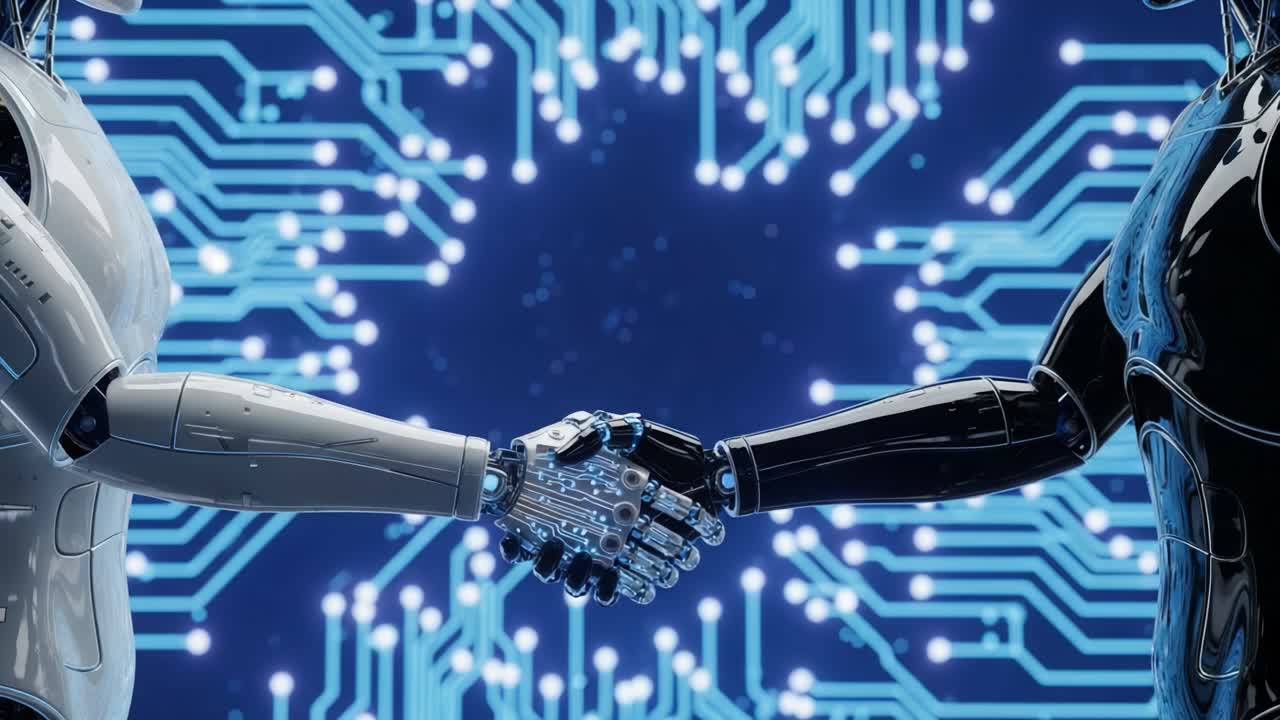 A Futuristic Collaboration: Two Advanced Robots Engaging in a Symbolic Handshake Against a Circuitry Background Signifying Connection and Technological Progress