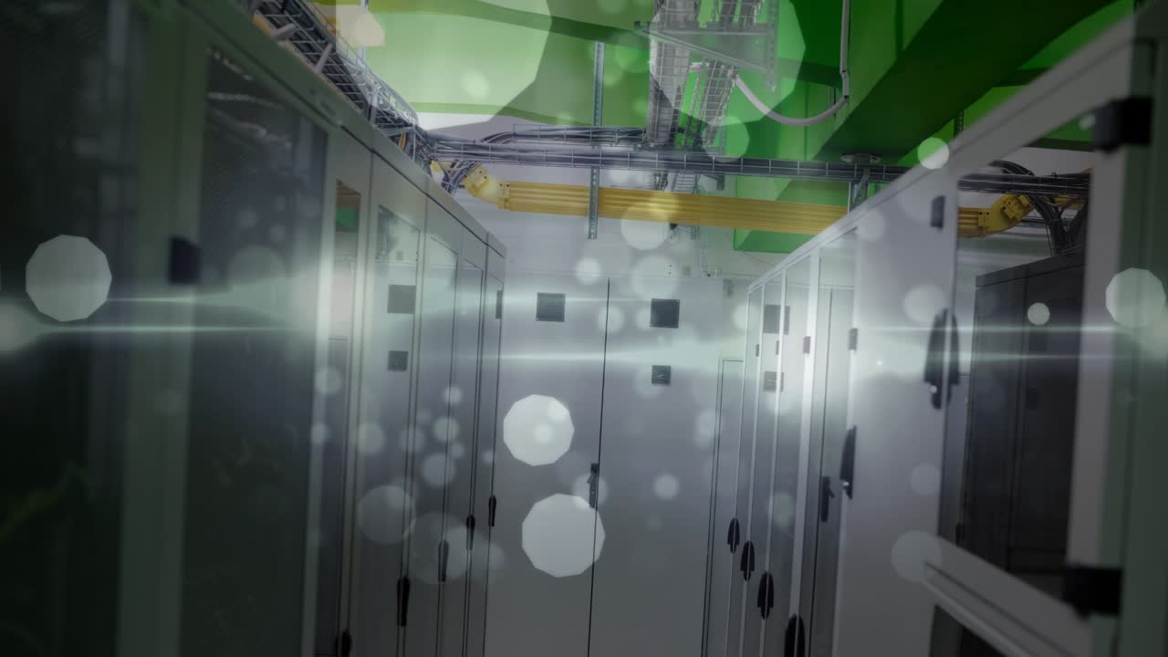 Animation of lights and dots floating over servers