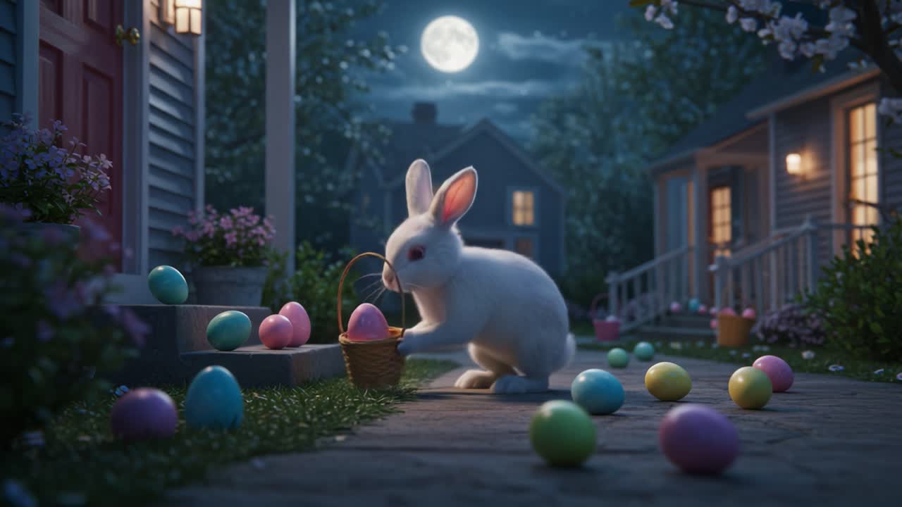 A Playful Rabbit Collects Colorful Easter Eggs Under the Moonlight in a Quaint Neighborhood, Creating a Magical Atmosphere of Spring Celebration and Joy