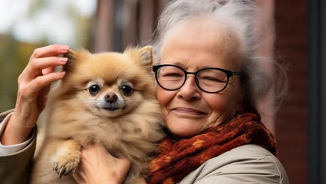 happy senior woman cuddling her fluffy pomeranian dog, sharing a joyful moment filled with love and affection, celebrating the special bond between them in a cozy outdoor setting