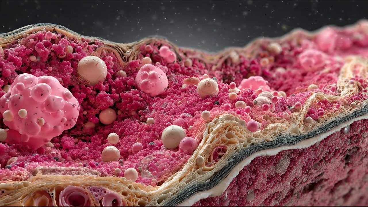 Tessuto biologico rosso dettagliato riempito di cellule microscopiche arrotondate in un filmato scientifico dettagliato